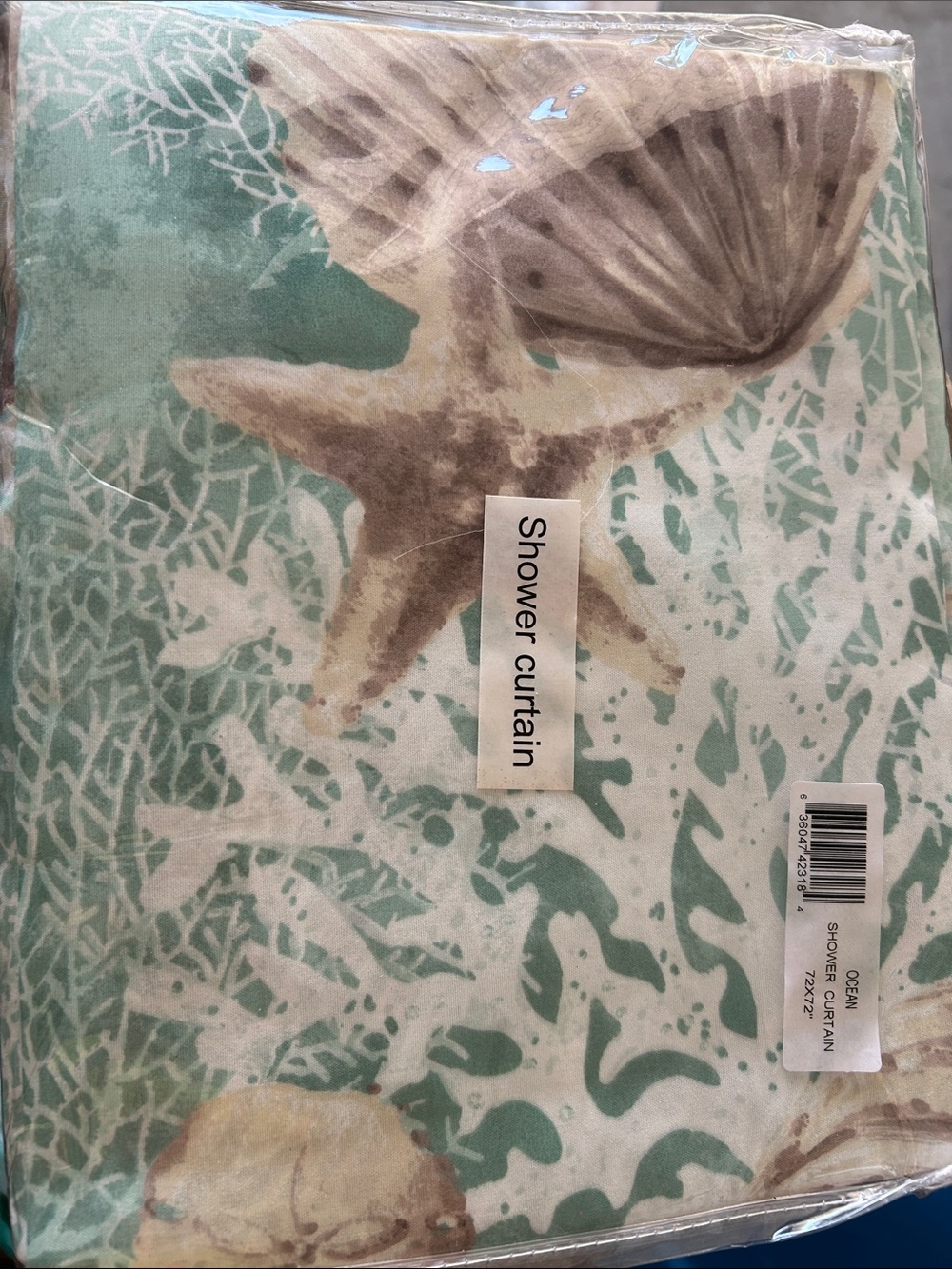 SALE 💰 Coastal Seashell Shower Curtain in Aqua and Beige